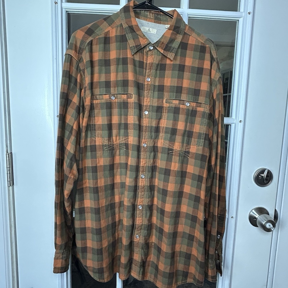 Ascend‎ Men's Plaid Snap Button Western Shirt Orange Brown Flannel Size Large